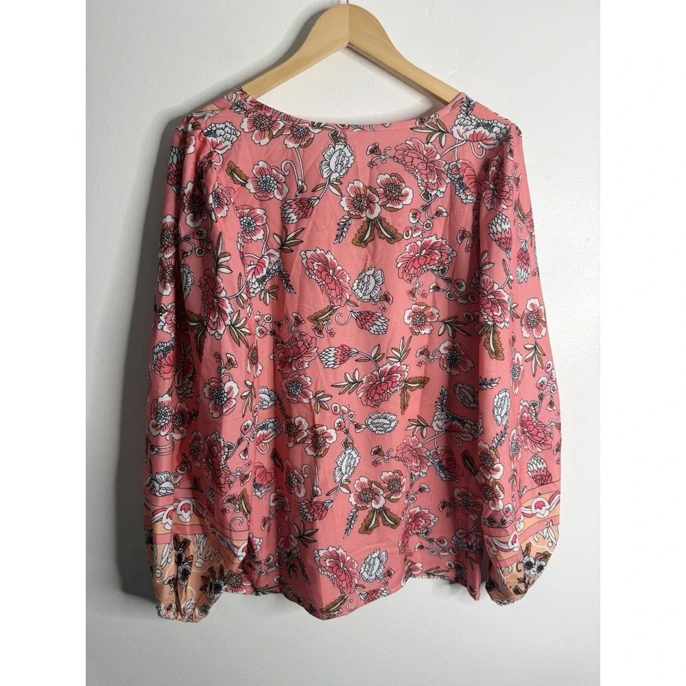 NEW Boho Floral Peasant Blouse Tie Neck Long Sleeve Coral Pink XL Flowy Spring - Picture 3 of 8